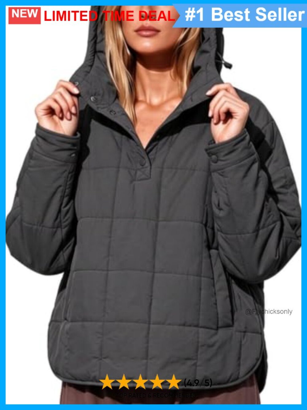 Quilted Lightweight Pullover Puffer Jacket Dolman Sleeve Hooded Nylon Coat